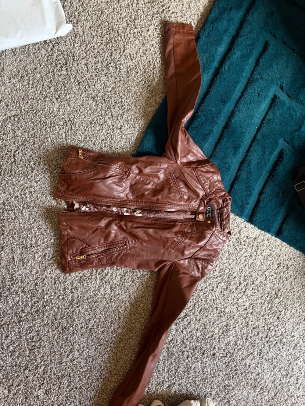 Guess Brown Leather Moto Jacket with Gold Hardware